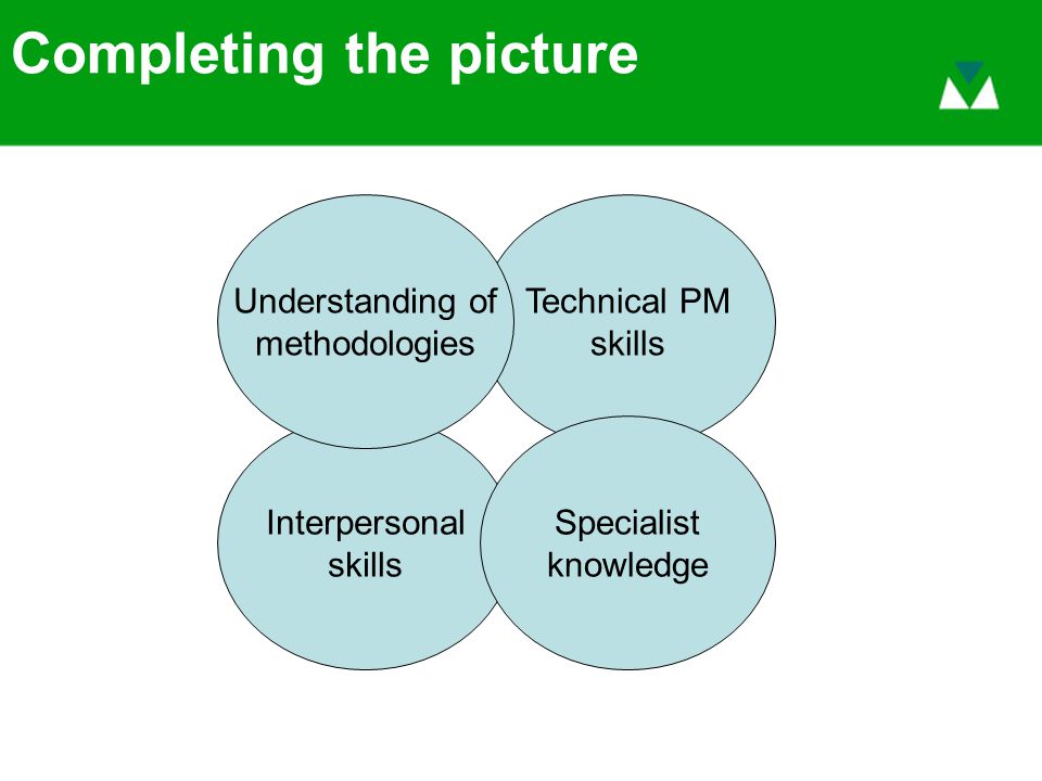Completing the picture Interpersonal skills Technical PM skills Understanding of methodologies Specialist knowledge