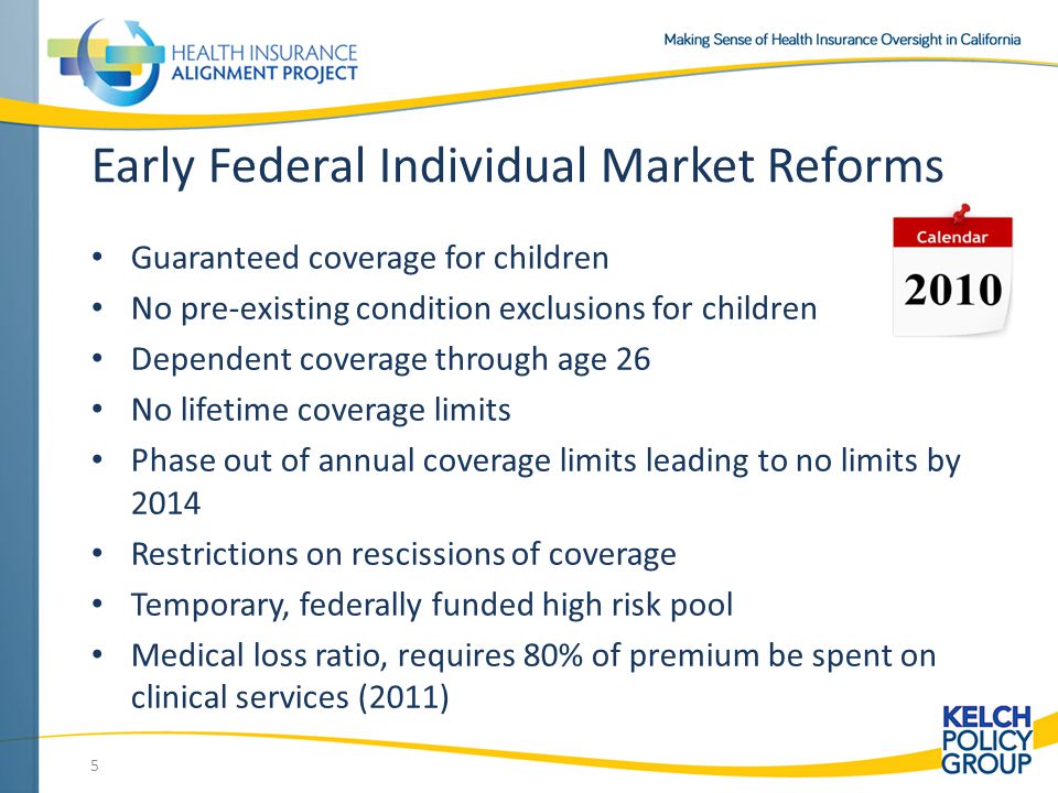 Early Federal Individual Market Reforms Guaranteed coverage for children No pre-existing condition exclusions for children Dependent coverage through age 26 No lifetime coverage limits Phase out of annual coverage limits leading to no limits by 2014 Restrictions on rescissions of coverage Temporary, federally funded high risk pool Medical loss ratio, requires 80% of premium be spent on clinical services (2011) 5