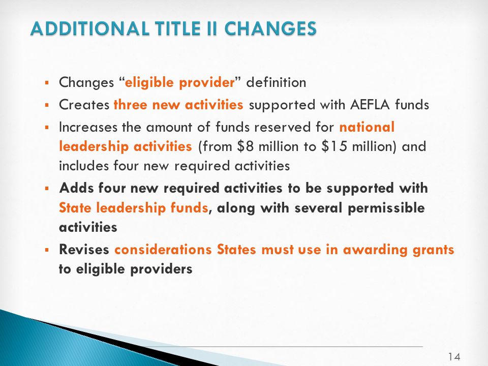  Changes eligible provider definition  Creates three new activities supported with AEFLA funds  Increases the amount of funds reserved for national leadership activities (from $8 million to $15 million) and includes four new required activities  Adds four new required activities to be supported with State leadership funds, along with several permissible activities  Revises considerations States must use in awarding grants to eligible providers 14