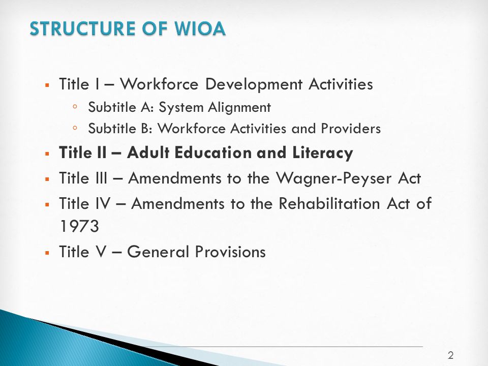  Title I – Workforce Development Activities ◦ Subtitle A: System Alignment ◦ Subtitle B: Workforce Activities and Providers  Title II – Adult Education and Literacy  Title III – Amendments to the Wagner-Peyser Act  Title IV – Amendments to the Rehabilitation Act of 1973  Title V – General Provisions 2