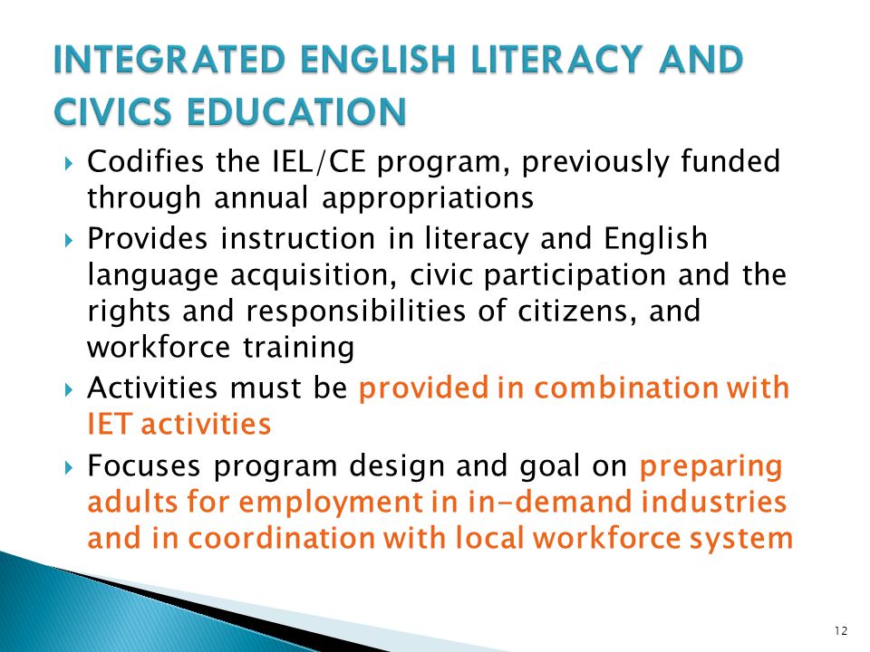 12  Codifies the IEL/CE program, previously funded through annual appropriations  Provides instruction in literacy and English language acquisition, civic participation and the rights and responsibilities of citizens, and workforce training  Activities must be provided in combination with IET activities  Focuses program design and goal on preparing adults for employment in in-demand industries and in coordination with local workforce system
