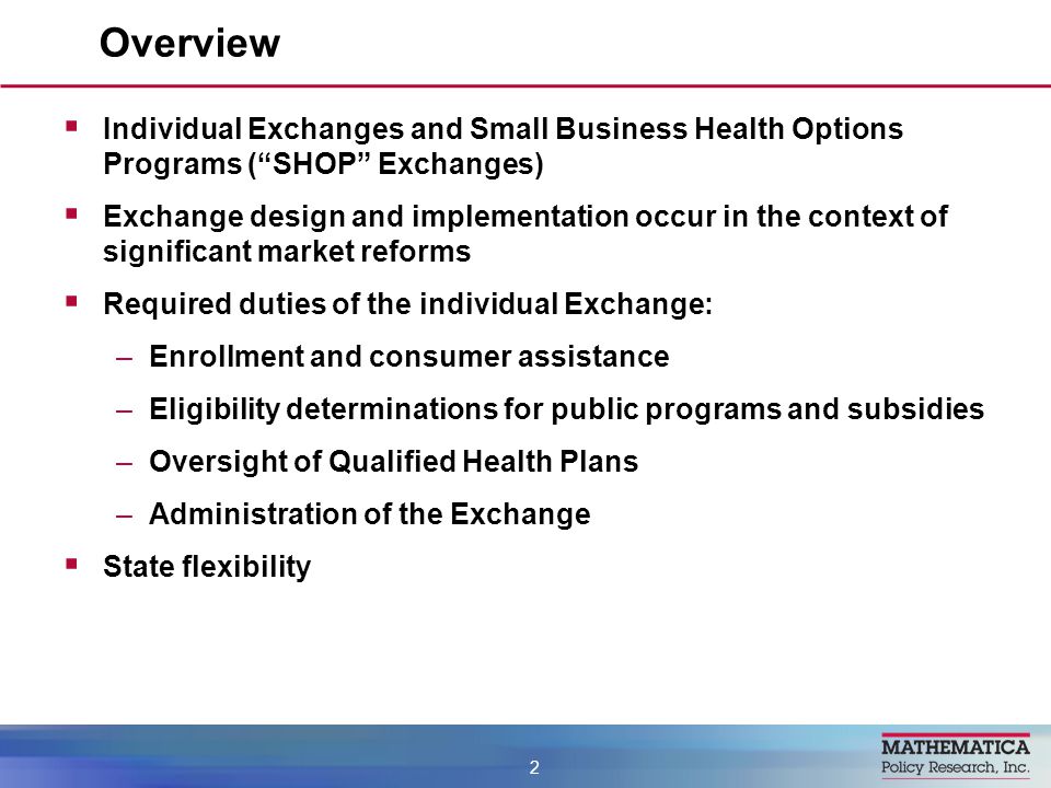  Individual Exchanges and Small Business Health Options Programs ( SHOP Exchanges)  Exchange design and implementation occur in the context of significant market reforms  Required duties of the individual Exchange: –Enrollment and consumer assistance –Eligibility determinations for public programs and subsidies –Oversight of Qualified Health Plans –Administration of the Exchange  State flexibility Overview 2