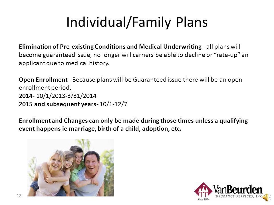 11 Individual/Family Plans Individual Mandate- any individuals without government approved coverage are subject to a tax/penalty.