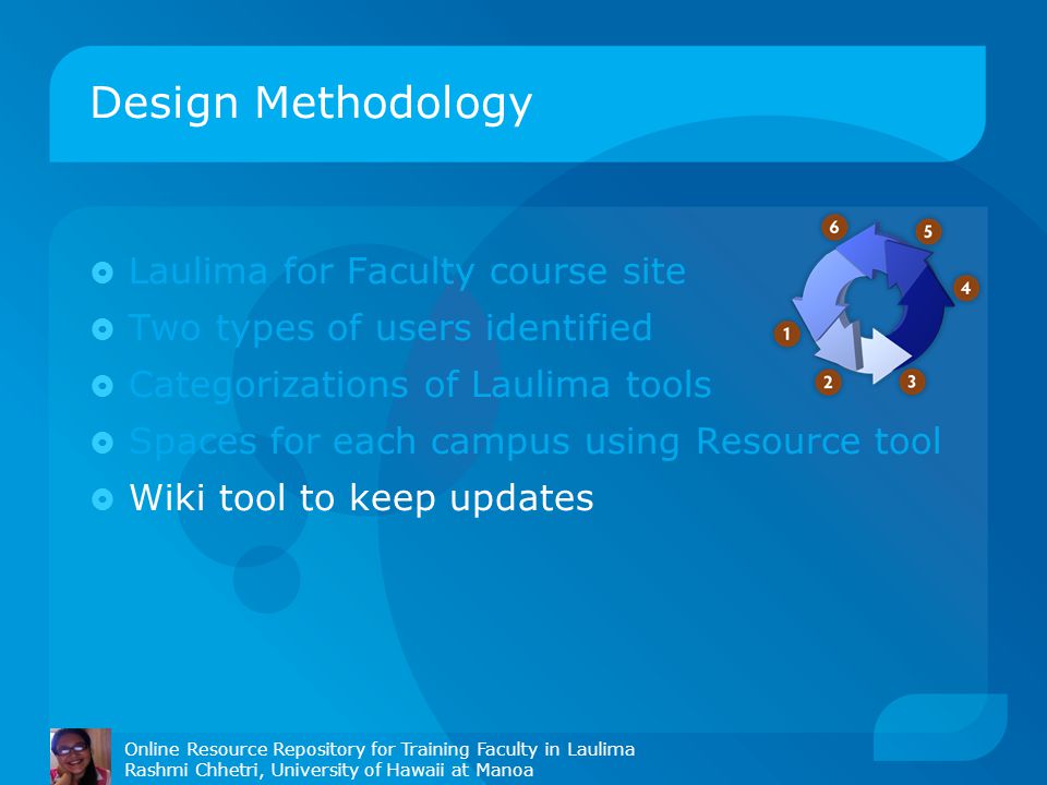 Design Methodology Online Resource Repository for Training Faculty in Laulima Rashmi Chhetri, University of Hawaii at Manoa  Laulima for Faculty course site  Two types of users identified  Categorizations of Laulima tools  Spaces for each campus using Resource tool  Wiki tool to keep updates