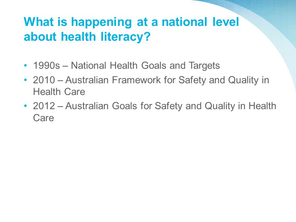 What is happening at a national level about health literacy.
