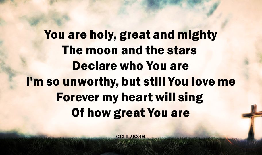 You are holy, great and mighty The moon and the stars Declare who You are I m so unworthy, but still You love me Forever my heart will sing Of how great You are CCLI 78316