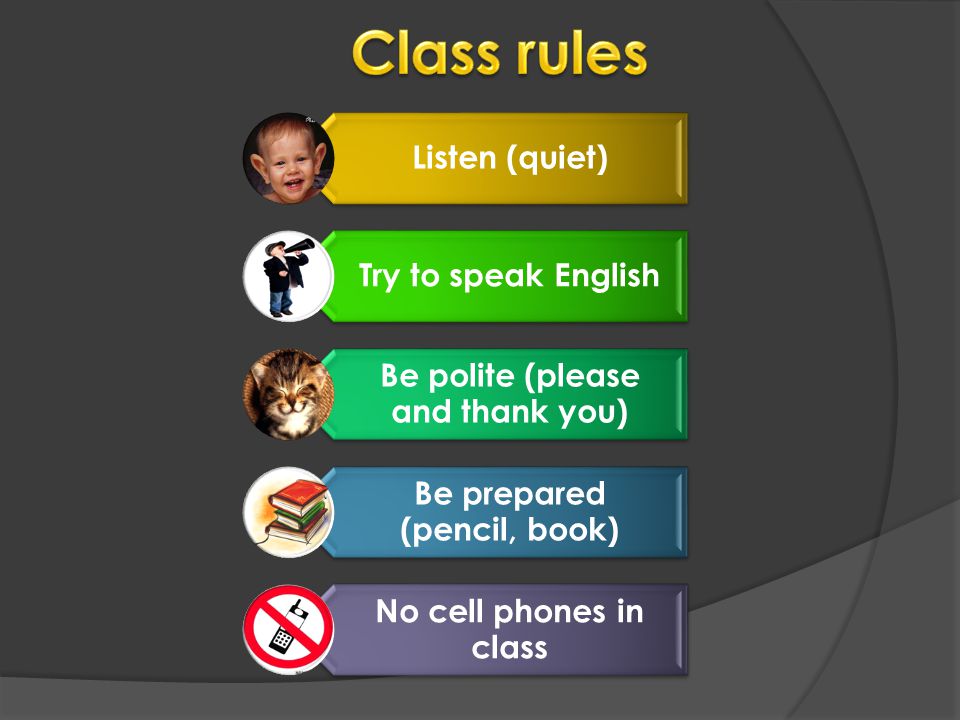 Listen (quiet) Try to speak English Be polite (please and thank you) Be prepared (pencil, book) No cell phones in class