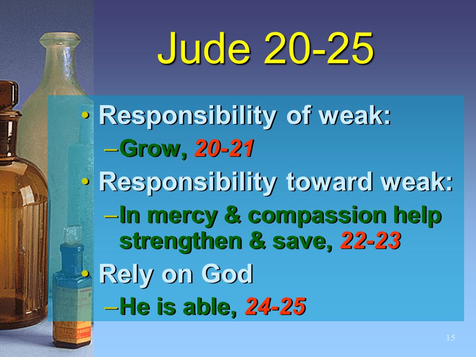 15 Jude Responsibility of weak: –Grow, Responsibility toward weak: –In mercy & compassion help strengthen & save, Rely on God –He is able, Responsibility of weak: –Grow, Responsibility toward weak: –In mercy & compassion help strengthen & save, Rely on God –He is able, 24-25
