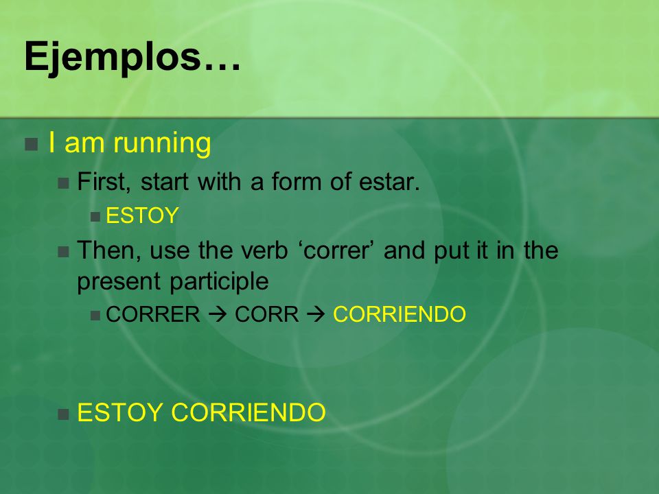 Ejemplos… I am running First, start with a form of estar.
