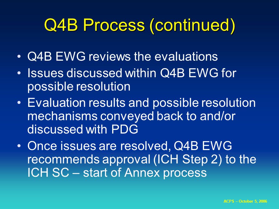 ACPS – October 5, 2006 Q4B Process (continued) Q4B EWG reviews the evaluations Issues discussed within Q4B EWG for possible resolution Evaluation results and possible resolution mechanisms conveyed back to and/or discussed with PDG Once issues are resolved, Q4B EWG recommends approval (ICH Step 2) to the ICH SC – start of Annex process