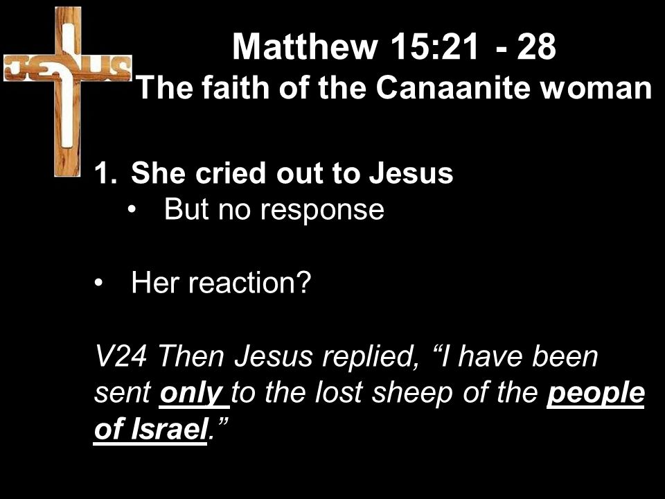 Matthew 15: The faith of the Canaanite woman 1.She cried out to Jesus But no response Her reaction.