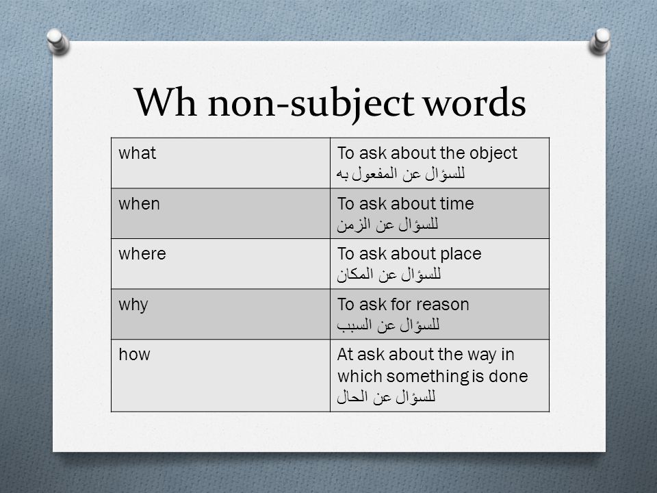 Wh non-subject words To ask about the object للسؤال عن المفعول به what To ask about time للسؤال عن الزمن when To ask about place للسؤال عن المكان where To ask for reason للسؤال عن السبب why At ask about the way in which something is done للسؤال عن الحال how