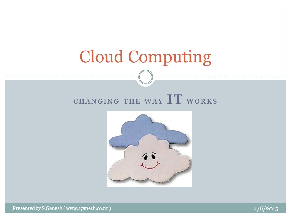 CHANGING THE WAY IT WORKS Cloud Computing 4/6/2015 Presented by S.Ganesh (   )