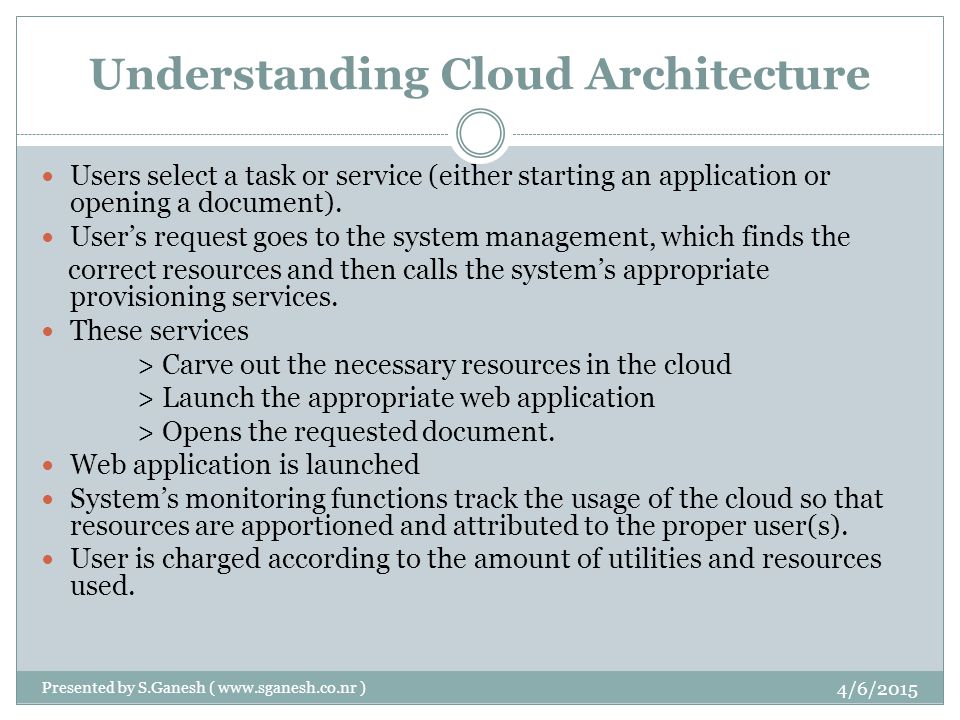 Understanding Cloud Architecture Users select a task or service (either starting an application or opening a document).