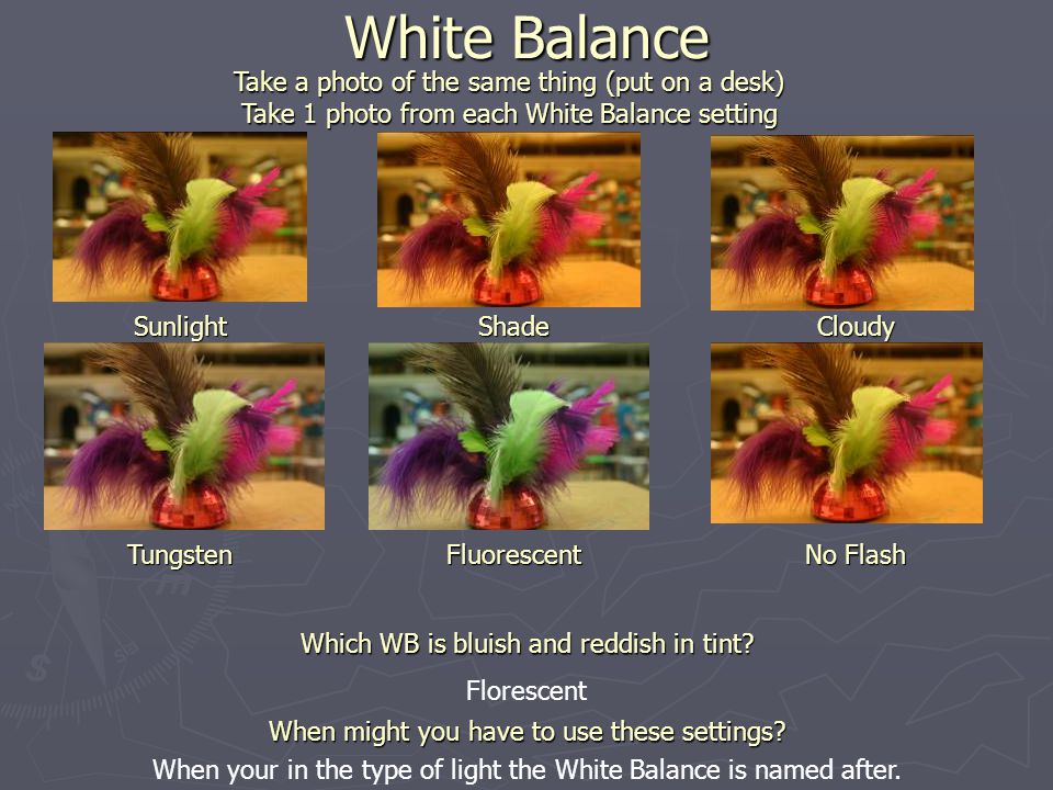 White Balance Take a photo of the same thing (put on a desk) Take 1 photo from each White Balance setting SunlightShadeCloudy TungstenFluorescent No Flash Which WB is bluish and reddish in tint.