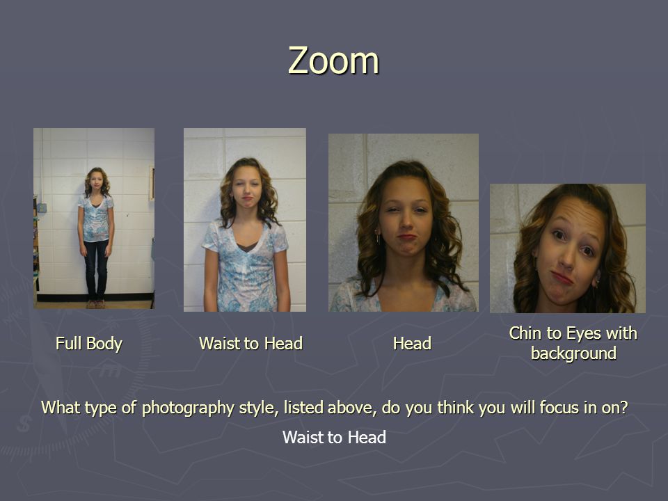 Zoom Full Body Waist to Head Head Chin to Eyes with background What type of photography style, listed above, do you think you will focus in on.
