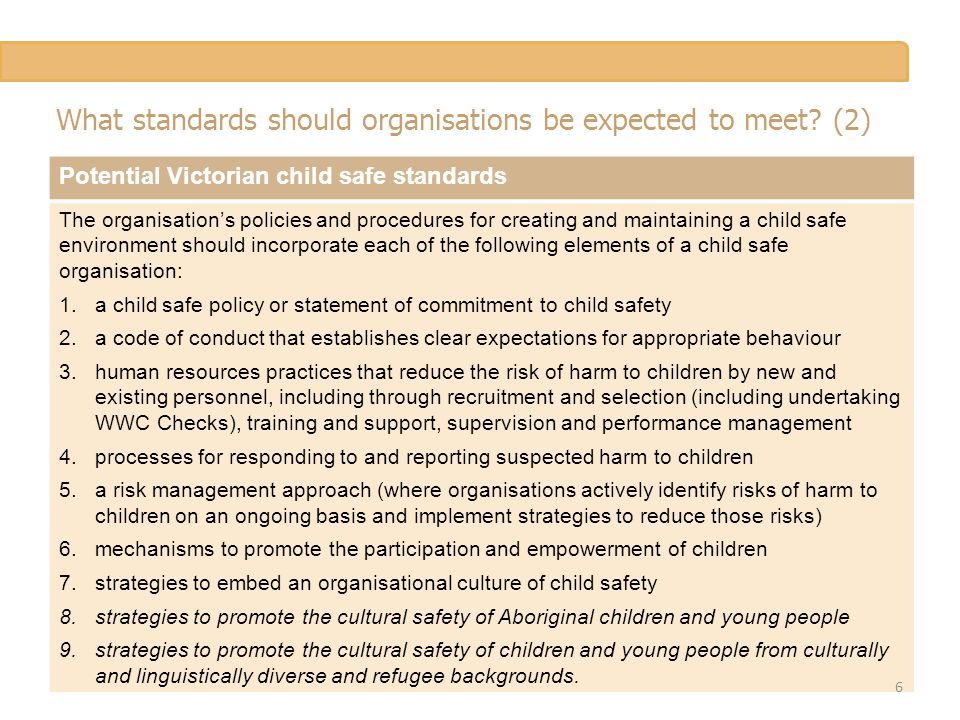 What standards should organisations be expected to meet.