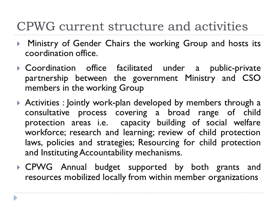 CPWG current structure and activities  Ministry of Gender Chairs the working Group and hosts its coordination office.