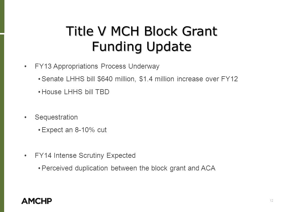 Title V MCH Block Grant Funding Update FY13 Appropriations Process Underway Senate LHHS bill $640 million, $1.4 million increase over FY12 House LHHS bill TBD Sequestration Expect an 8-10% cut FY14 Intense Scrutiny Expected Perceived duplication between the block grant and ACA 12