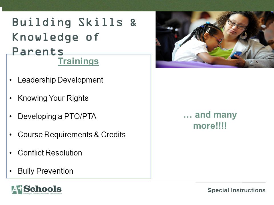 Building Skills & Knowledge of Parents Trainings Leadership Development Knowing Your Rights Developing a PTO/PTA Course Requirements & Credits Conflict Resolution Bully Prevention Special Instructions … and many more!!!!