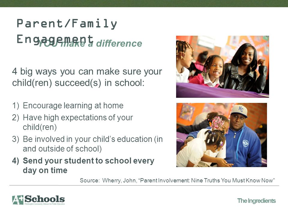 YOU make a difference 4 big ways you can make sure your child(ren) succeed(s) in school: 1)Encourage learning at home 2)Have high expectations of your child(ren) 3)Be involved in your child’s education (in and outside of school) 4)Send your student to school every day on time Parent/Family Engagement The Ingredients Source: Wherry, John, Parent Involvement: Nine Truths You Must Know Now