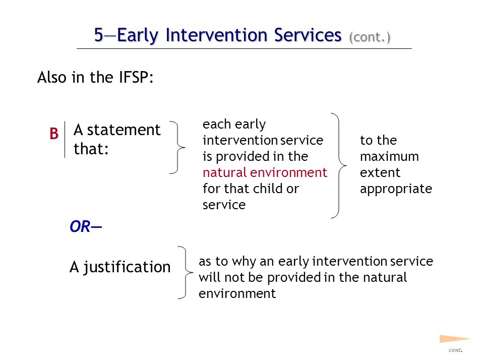 5—Early Intervention Services (cont.) Also in the IFSP: cont.