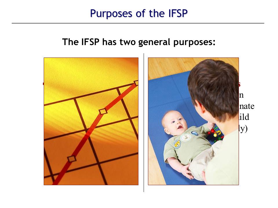 Purposes of the IFSP The IFSP has two general purposes:  to set reasonable developmental goals for the infant or toddler with a disability; and  to state the services the early intervention program will coordinate & provide for the child (and his or her family)