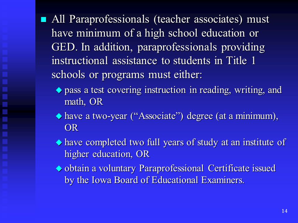 14 n All Paraprofessionals (teacher associates) must have minimum of a high school education or GED.