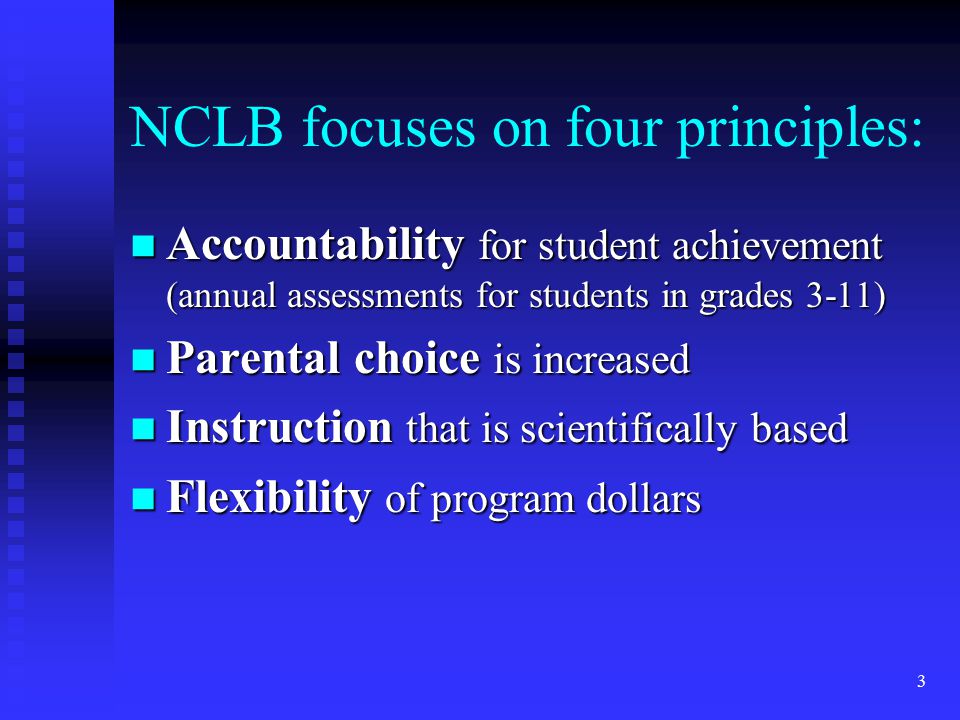 3 NCLB focuses on four principles: n Accountability for student achievement (annual assessments for students in grades 3-11) n Parental choice is increased n Instruction that is scientifically based n Flexibility of program dollars