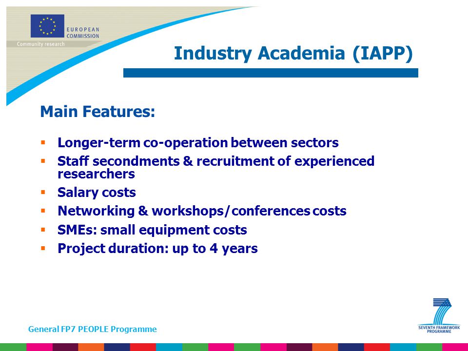 General FP7 PEOPLE Programme Main Features:  Longer-term co-operation between sectors  Staff secondments & recruitment of experienced researchers  Salary costs  Networking & workshops/conferences costs  SMEs: small equipment costs  Project duration: up to 4 years Industry Academia (IAPP)