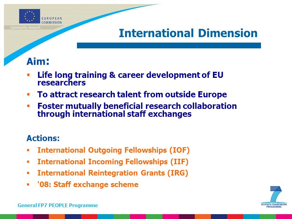 General FP7 PEOPLE Programme Aim :  Life long training & career development of EU researchers  To attract research talent from outside Europe  Foster mutually beneficial research collaboration through international staff exchanges Actions:  International Outgoing Fellowships (IOF)  International Incoming Fellowships (IIF)  International Reintegration Grants (IRG)  08: Staff exchange scheme International Dimension