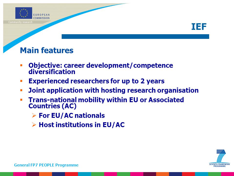 General FP7 PEOPLE Programme Main features  Objective: career development/competence diversification  Experienced researchers for up to 2 years  Joint application with hosting research organisation  Trans-national mobility within EU or Associated Countries (AC)  For EU/AC nationals  Host institutions in EU/AC IEF