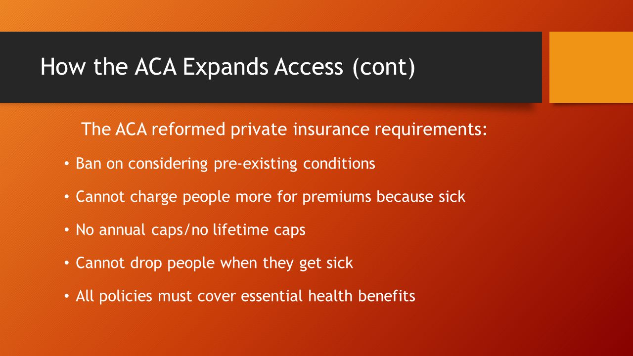 How the ACA Expands Access (cont) The ACA reformed private insurance requirements: Ban on considering pre-existing conditions Cannot charge people more for premiums because sick No annual caps/no lifetime caps Cannot drop people when they get sick All policies must cover essential health benefits