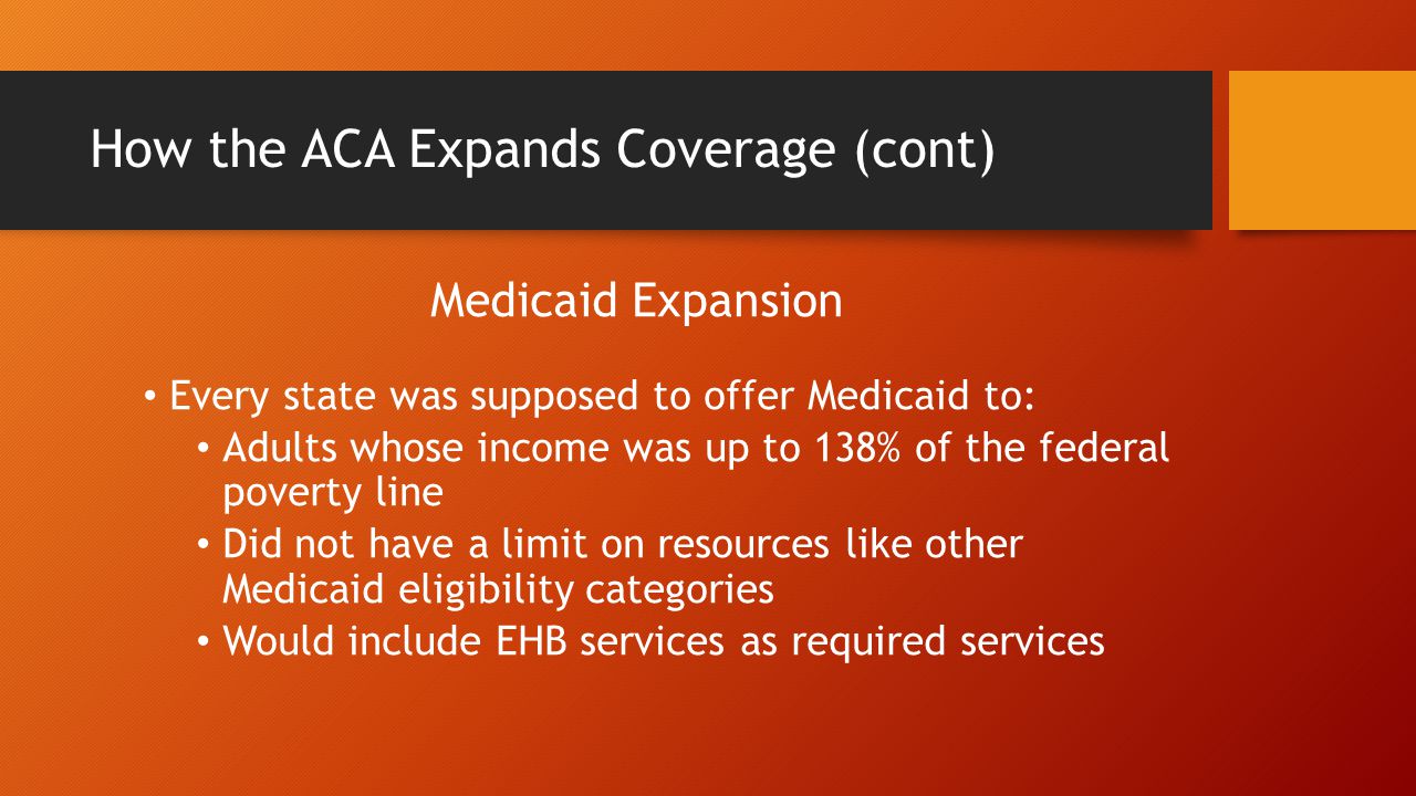 How the ACA Expands Coverage (cont) Medicaid Expansion Every state was supposed to offer Medicaid to: Adults whose income was up to 138% of the federal poverty line Did not have a limit on resources like other Medicaid eligibility categories Would include EHB services as required services