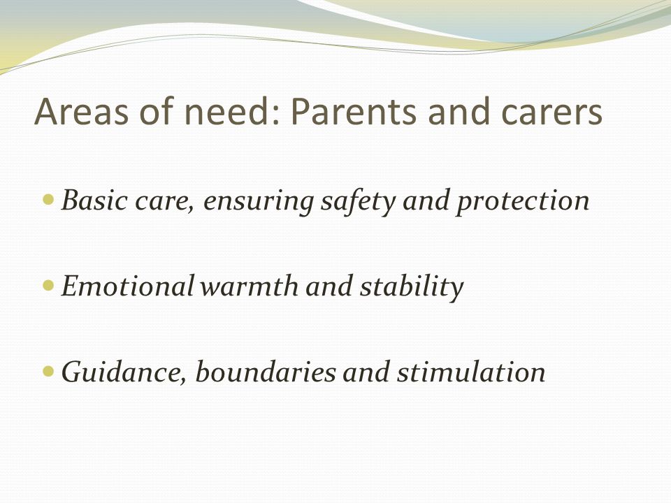 Areas of need: Parents and carers Basic care, ensuring safety and protection Emotional warmth and stability Guidance, boundaries and stimulation