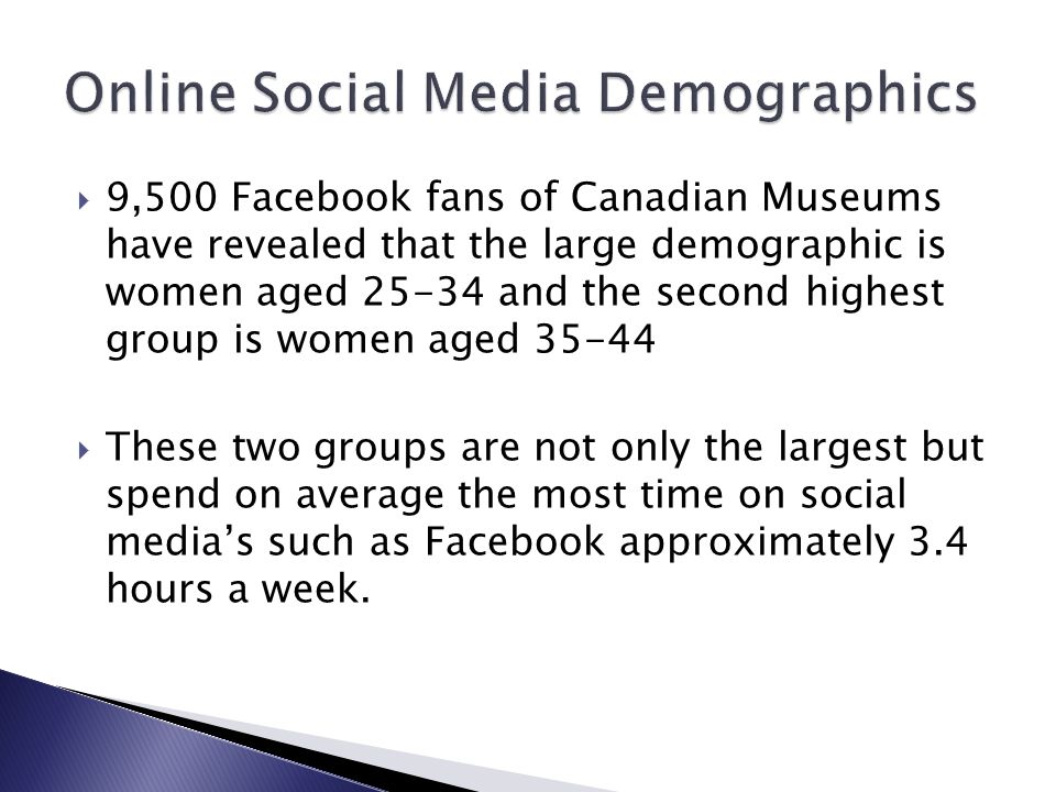  9,500 Facebook fans of Canadian Museums have revealed that the large demographic is women aged and the second highest group is women aged  These two groups are not only the largest but spend on average the most time on social media’s such as Facebook approximately 3.4 hours a week.