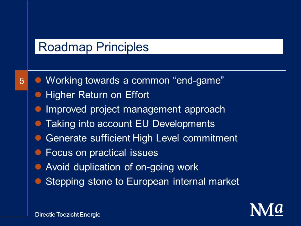 Directie Toezicht Energie 55 Roadmap Principles Working towards a common end-game Higher Return on Effort Improved project management approach Taking into account EU Developments Generate sufficient High Level commitment Focus on practical issues Avoid duplication of on-going work Stepping stone to European internal market