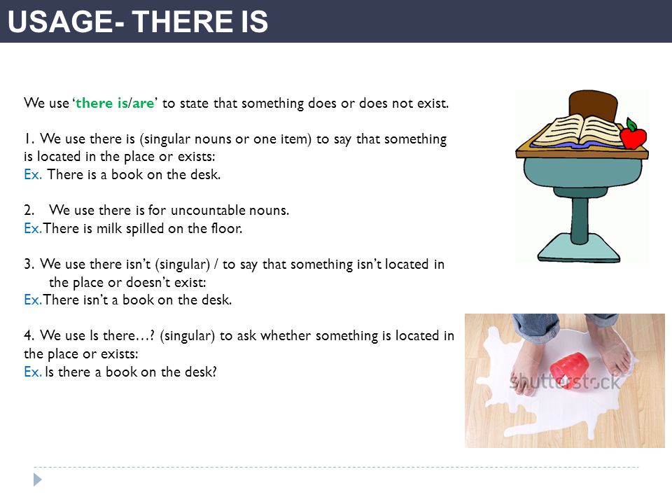 USAGE- THERE IS We use ‘there is/are’ to state that something does or does not exist.