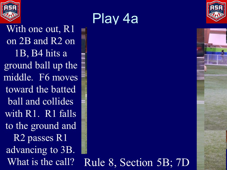Play 4a With one out, R1 on 2B and R2 on 1B, B4 hits a ground ball up the middle.