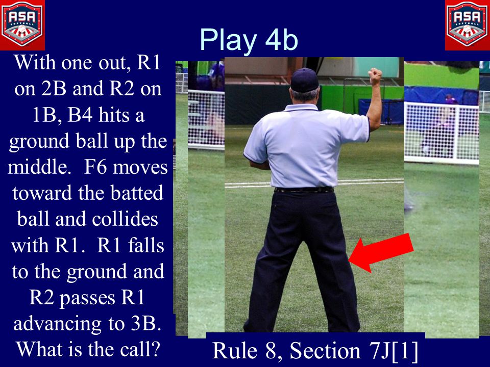 Play 4b With one out, R1 on 2B and R2 on 1B, B4 hits a ground ball up the middle.