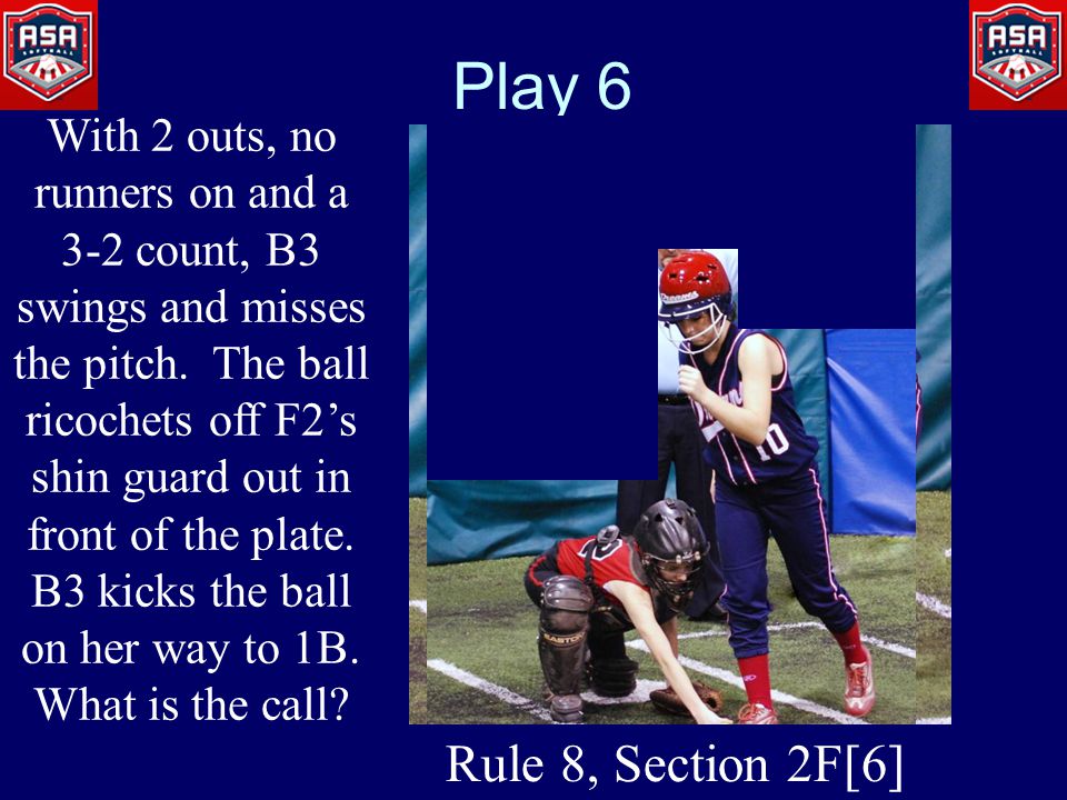 Play 6 With 2 outs, no runners on and a 3-2 count, B3 swings and misses the pitch.