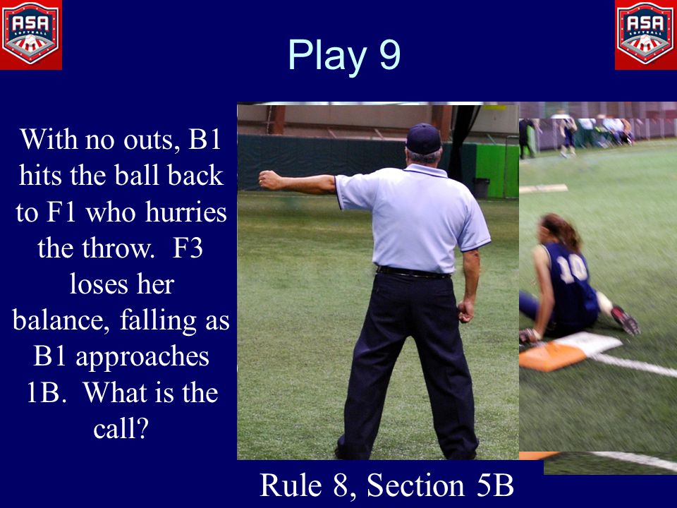 Play 9 With no outs, B1 hits the ball back to F1 who hurries the throw.