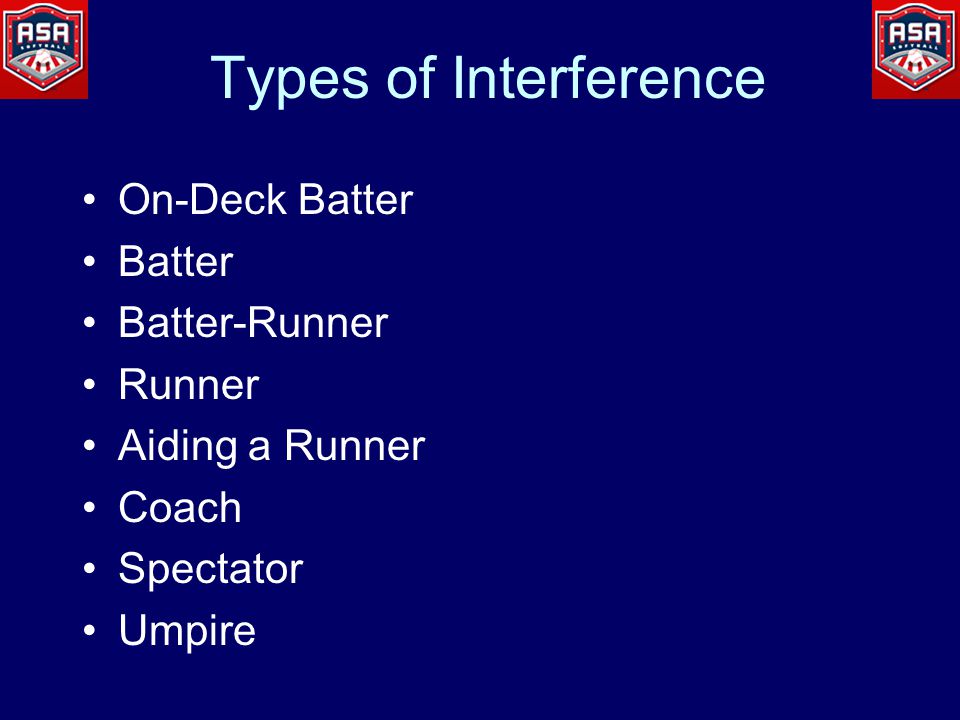 Types of Interference On-Deck Batter Batter Batter-Runner Runner Aiding a Runner Coach Spectator Umpire