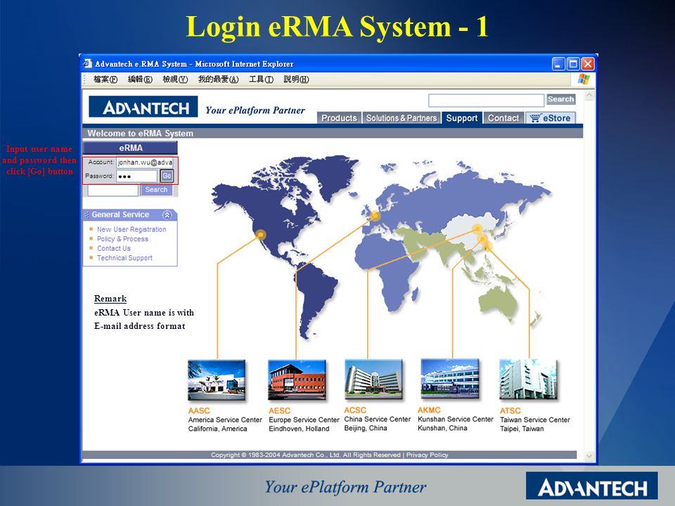 Login eRMA System - 1 Input user name and password then click [Go] button Remark eRMA User name is with  address format