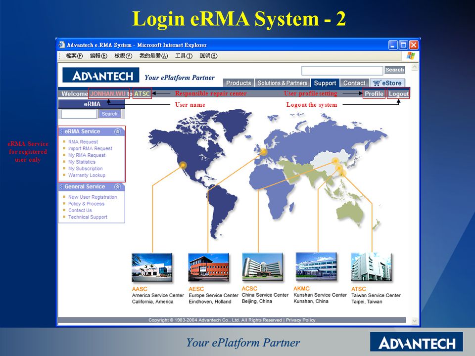 Login eRMA System - 2 User name Responsible repair center Logout the system User profile setting eRMA Service for registered user only