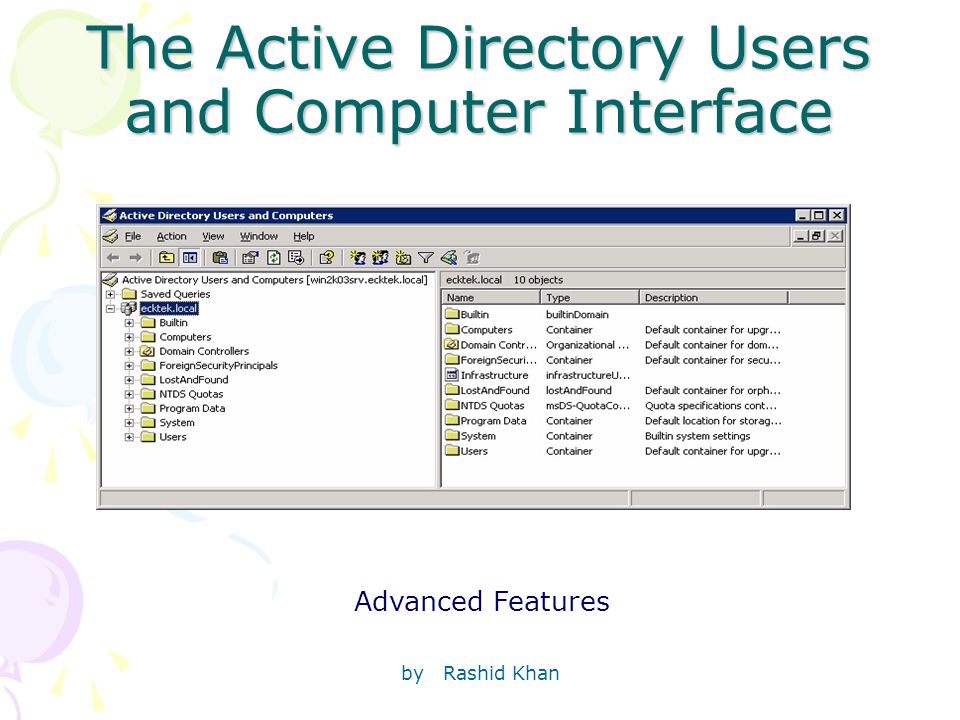 by Rashid Khan The Active Directory Users and Computer Interface Advanced Features