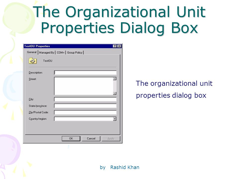 by Rashid Khan The Organizational Unit Properties Dialog Box The organizational unit properties dialog box