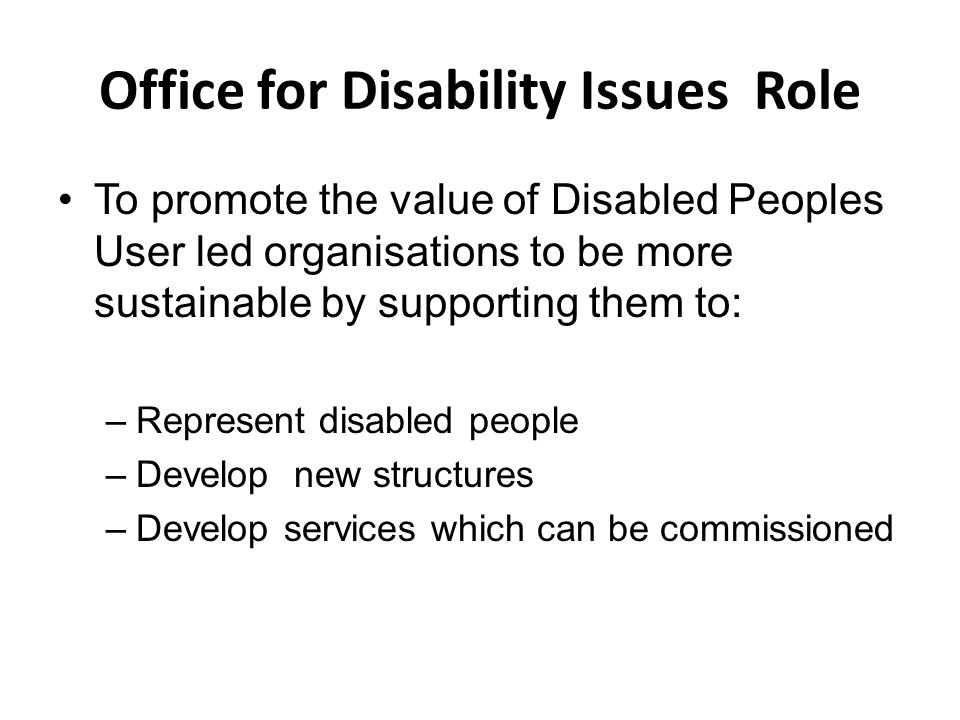 Office for Disability Issues Role To promote the value of Disabled Peoples User led organisations to be more sustainable by supporting them to: –Represent disabled people –Develop new structures –Develop services which can be commissioned