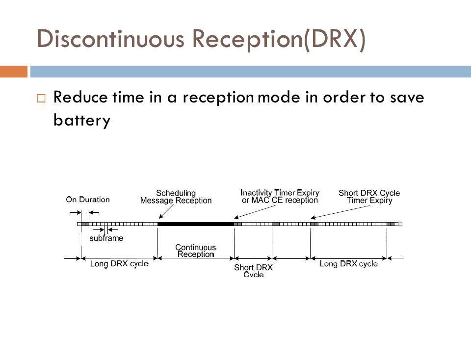 Discontinuous Reception(DRX)  Reduce time in a reception mode in order to save battery