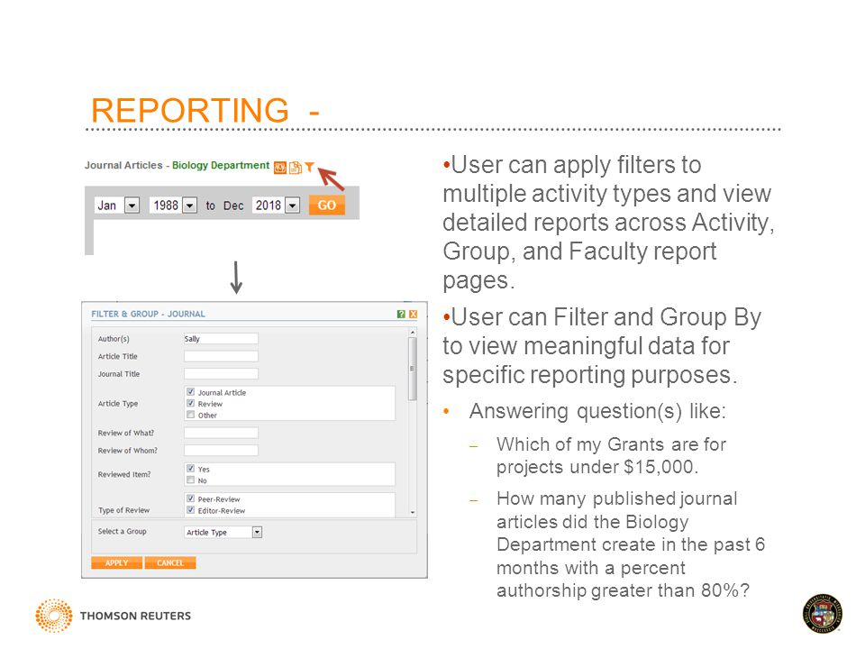 REPORTING - User can apply filters to multiple activity types and view detailed reports across Activity, Group, and Faculty report pages.